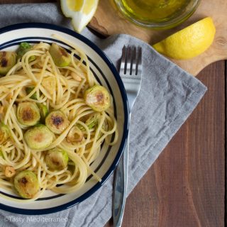 Sautéed Brussels sprouts with garlic & pine nut pasta